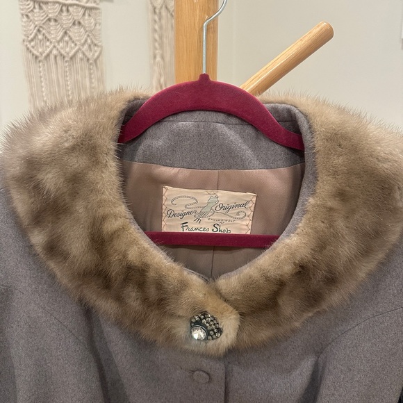 Vintage Frances Shop Gray Wool Suit Set Real Mink Fur Collar Jacket & Skirt S - Picture 3 of 16